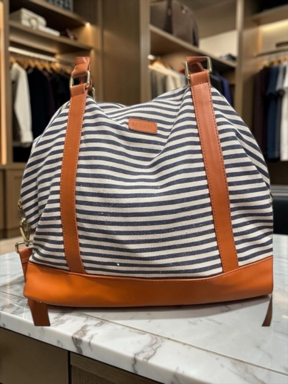 Baosha Nautical Blue and Tan Shoulder Bag with Leather Straps duffel weekender‌